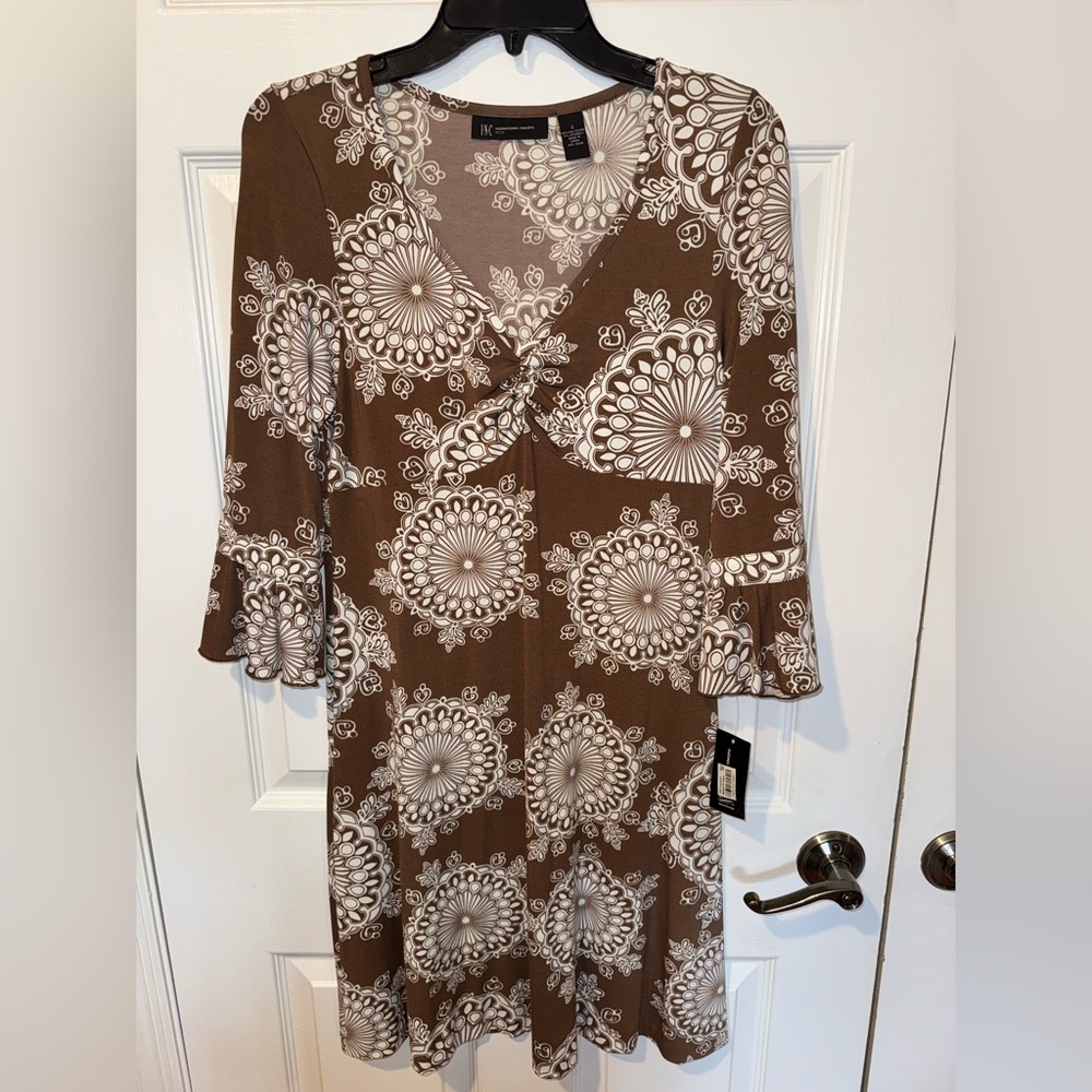 INC International Concepts Brown and White Floral Medallion V-Neck Dress